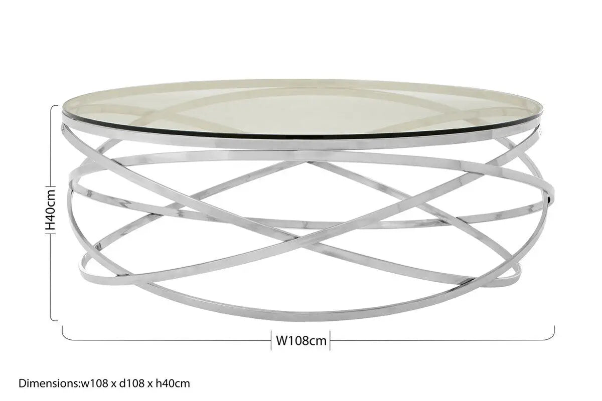 Round Tempered Glass Top Coffee Table with Silver Swirl Stainless Steel Hoop Base, Allure