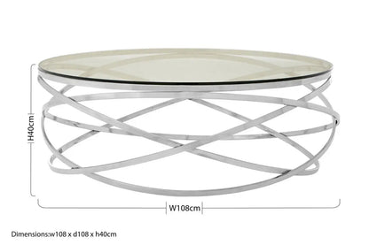 Round Tempered Glass Top Coffee Table with Silver Swirl Stainless Steel Hoop Base, Allure