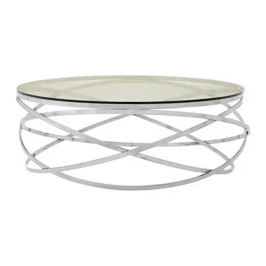 Round Tempered Glass Top Coffee Table with Silver Swirl Stainless Steel Hoop Base, Allure