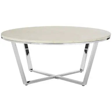 Round White Faux Marble Coffee Table with Chrome Lattice Leg Design, Allure