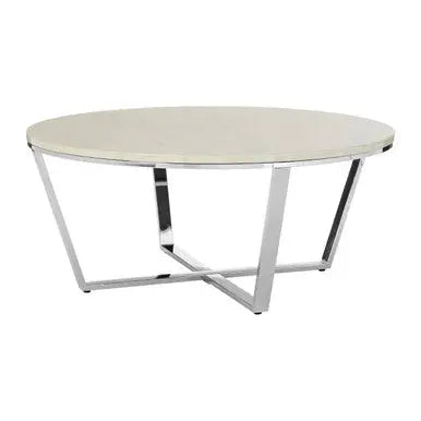 Round White Faux Marble Coffee Table with Chrome Lattice Leg Design, Allure