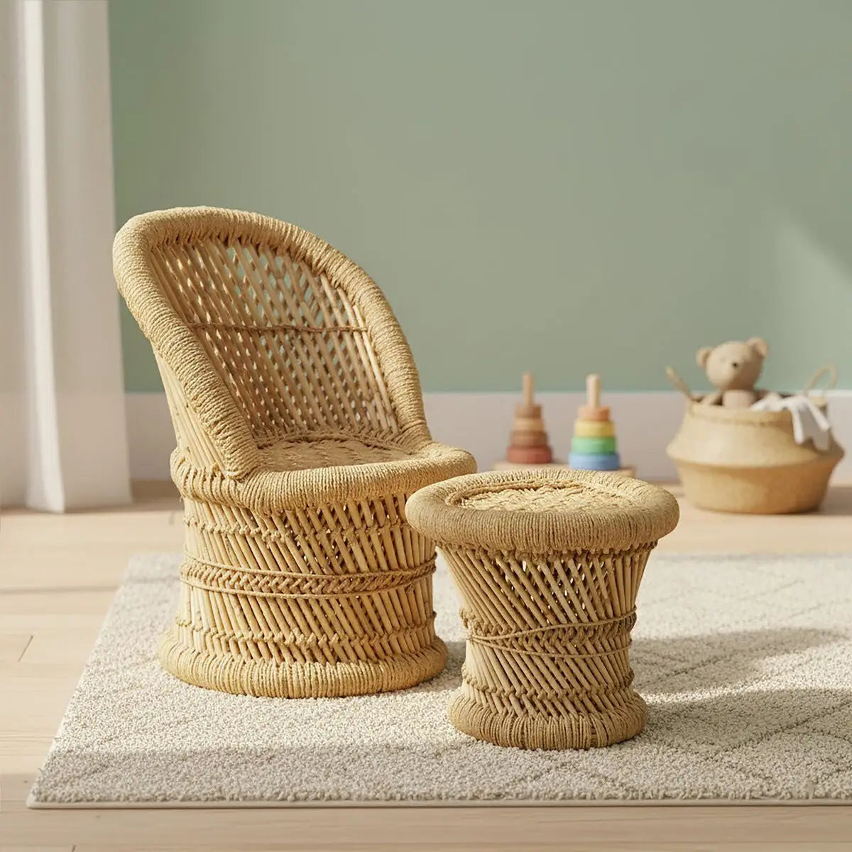 Rowan Natural Bamboo Childrens Chair and Stool Set