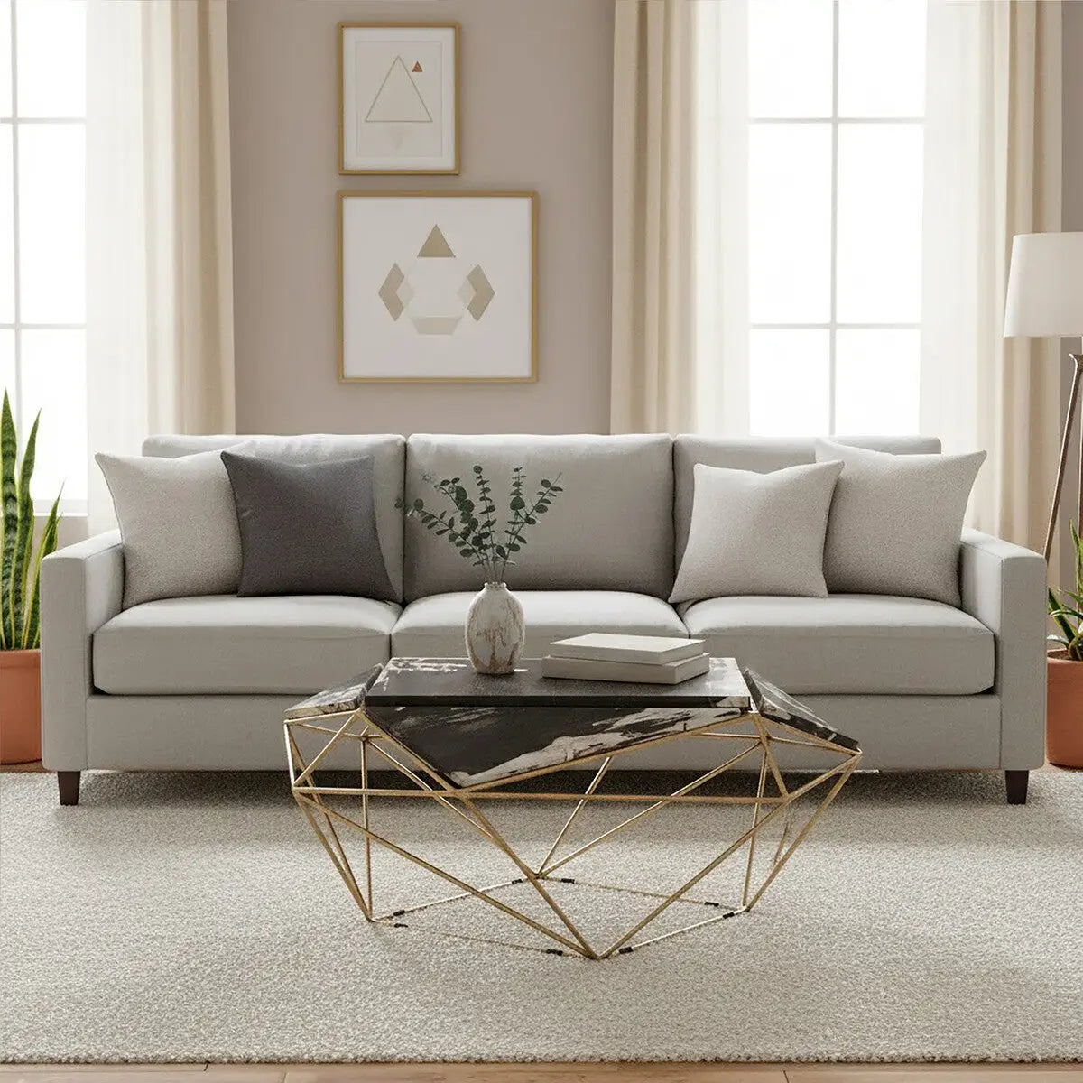 Rustic Dark Petrified Wood Coffee Table with Gold Brass Geometric Frame, Relic