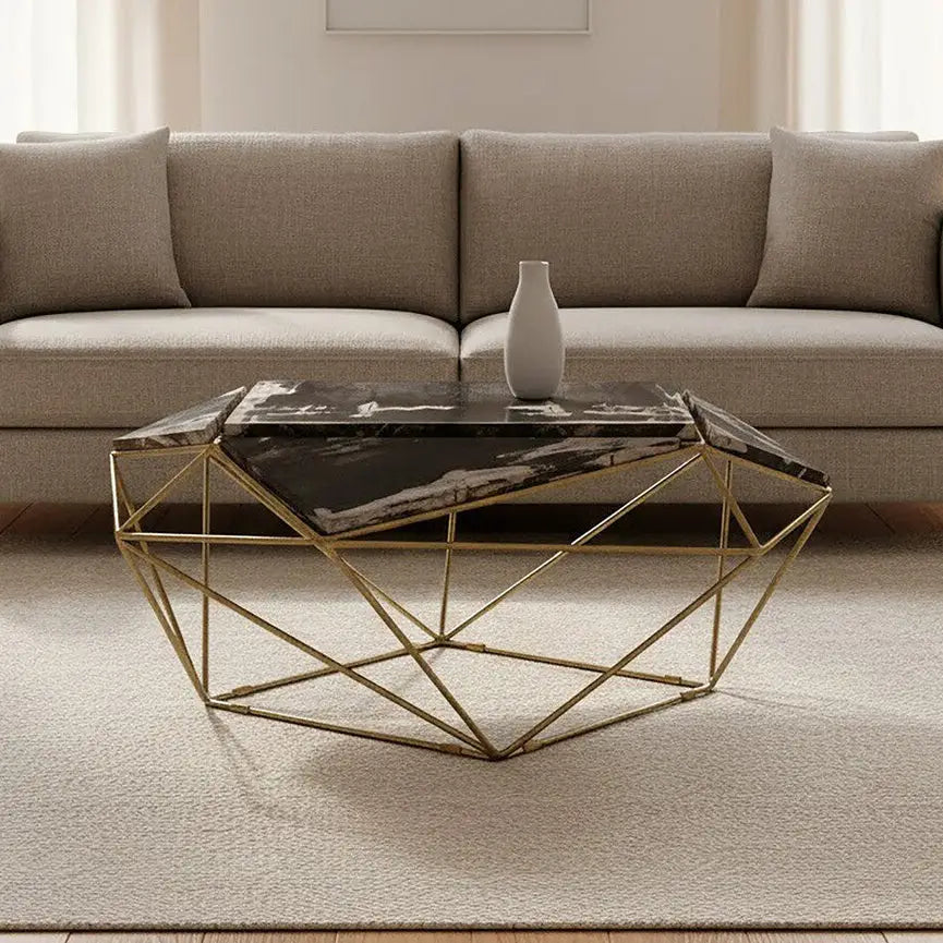 Rustic Dark Petrified Wood Coffee Table with Gold Brass Geometric Frame, Relic