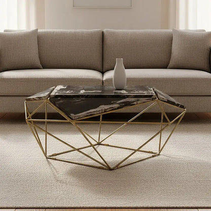 Rustic Dark Petrified Wood Coffee Table with Gold Brass Geometric Frame, Relic