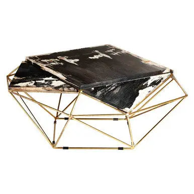 Rustic Dark Petrified Wood Coffee Table with Gold Brass Geometric Frame, Relic