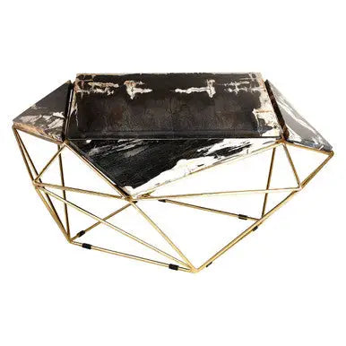 Rustic Dark Petrified Wood Coffee Table with Gold Brass Geometric Frame, Relic