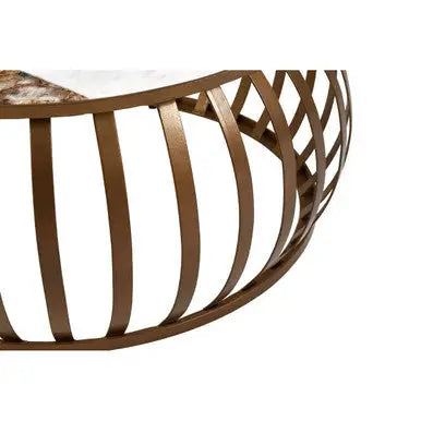 Semi-Precious Agate and White Marble Top Round Coffee Table with Brass Finish Iron Base, Vizzini