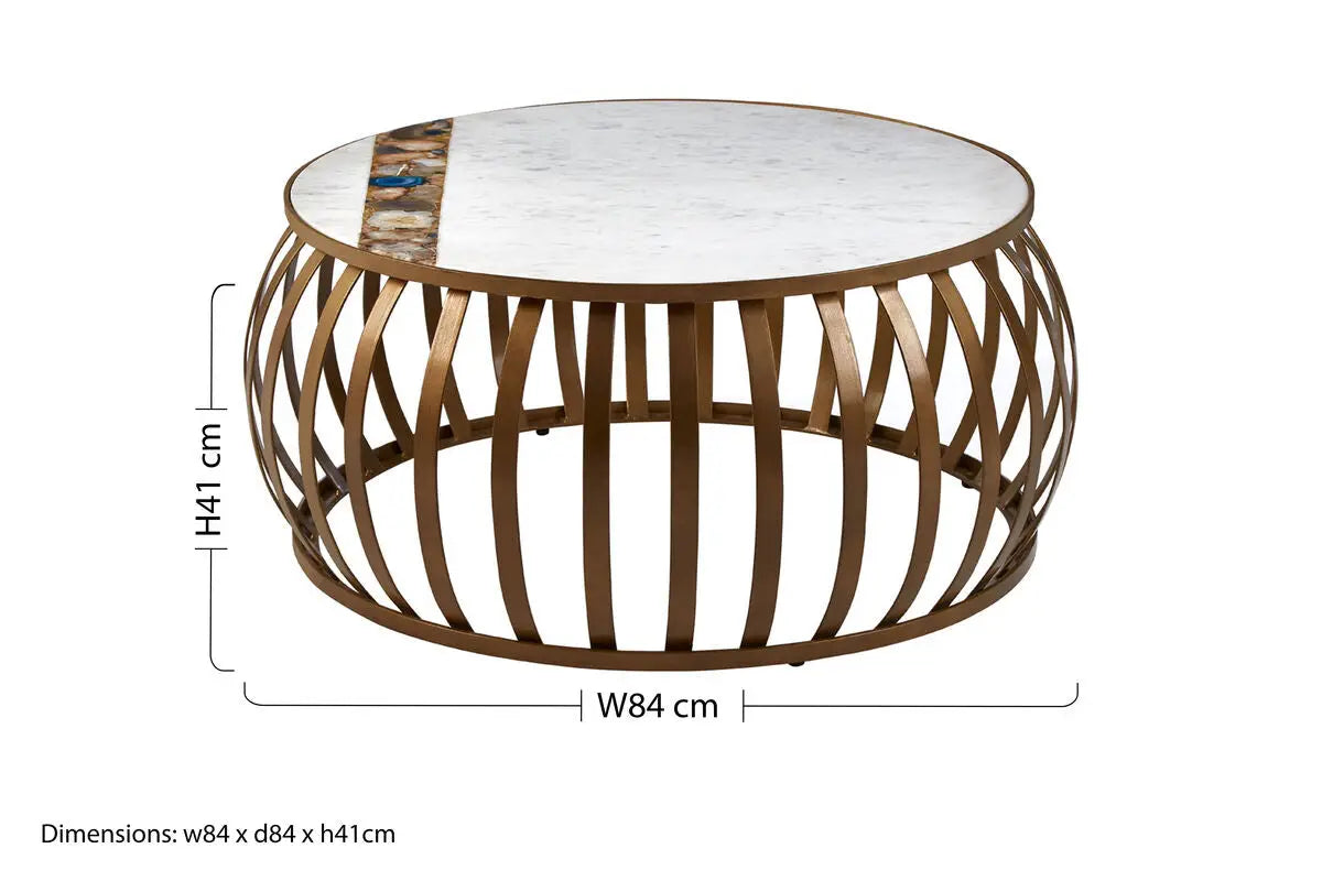 Semi-Precious Agate and White Marble Top Round Coffee Table with Brass Finish Iron Base, Vizzini
