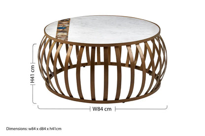 Semi-Precious Agate and White Marble Top Round Coffee Table with Brass Finish Iron Base, Vizzini