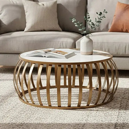 Semi-Precious Agate and White Marble Top Round Coffee Table with Brass Finish Iron Base, Vizzini