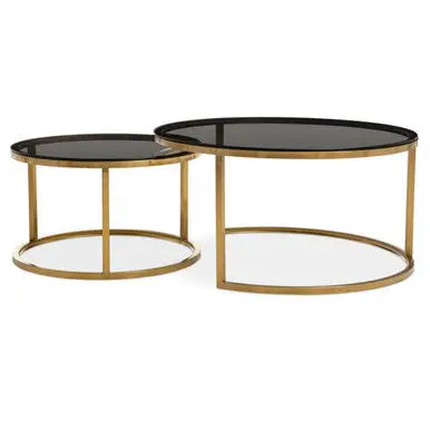 Set of 2 Black Tinted Glass Round Tops Nesting Coffee Tables with Brushed Gold Stainless Steel Frames, Alana
