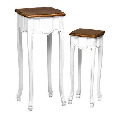 Set of 2 Brown Wood Top Accent Tables with White High Gloss Finish Legs, Serena