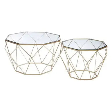 Set of 2 Gold Finish Geometric Design Side Tables with Tempered Glass Top, Arcana