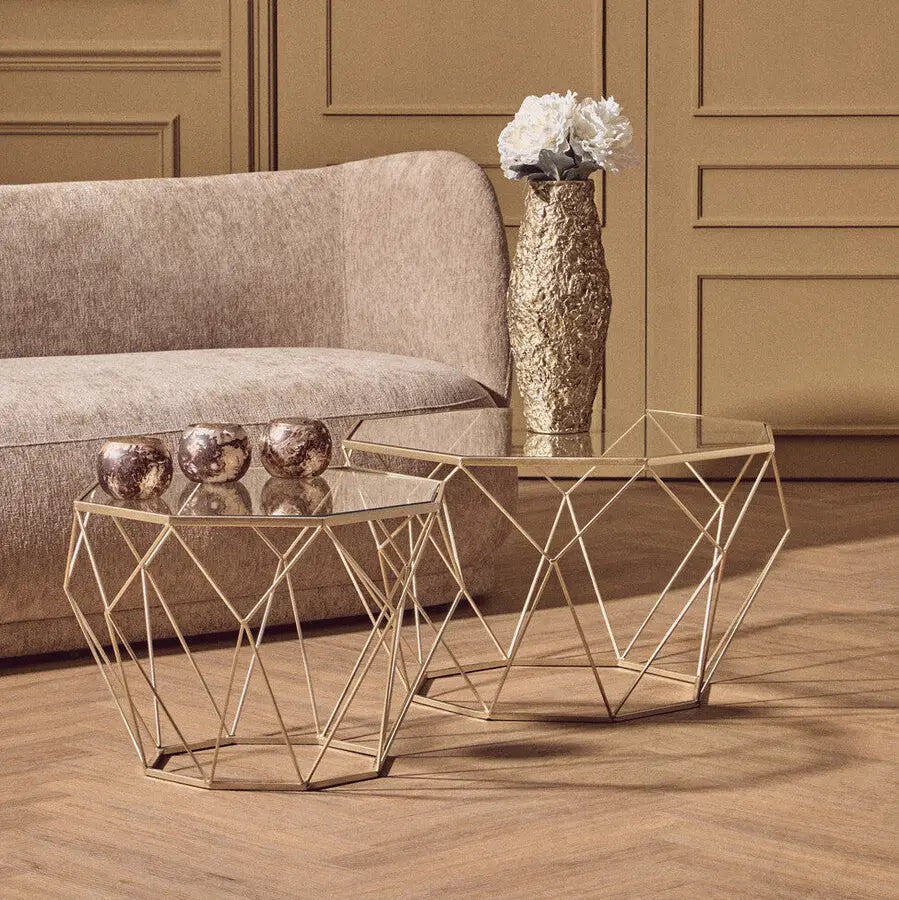 Set of 2 Gold Finish Geometric Design Side Tables with Tempered Glass Top, Arcana