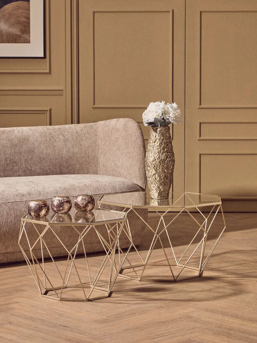 Set of 2 Gold Finish Geometric Design Side Tables with Tempered Glass Top, Arcana