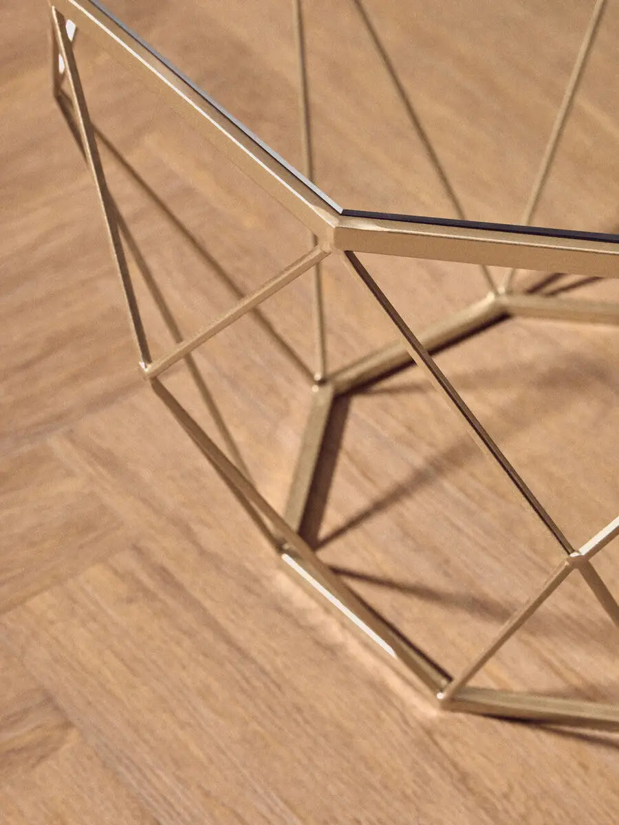 Set of 2 Gold Finish Geometric Design Side Tables with Tempered Glass Top, Arcana