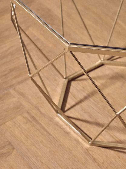 Set of 2 Gold Finish Geometric Design Side Tables with Tempered Glass Top, Arcana