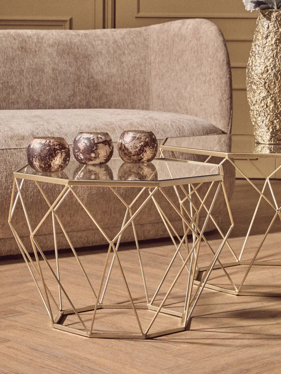 Set of 2 Gold Finish Geometric Design Side Tables with Tempered Glass Top, Arcana