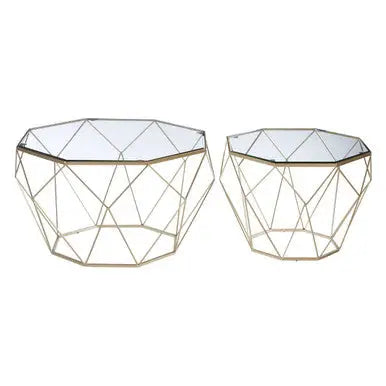 Set of 2 Gold Finish Geometric Design Side Tables with Tempered Glass Top, Arcana