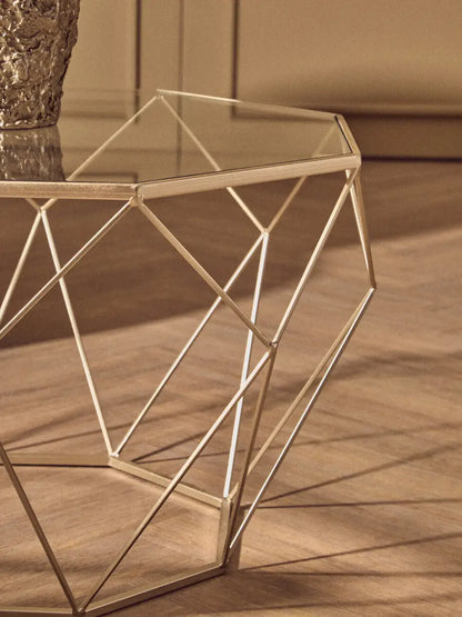 Set of 2 Gold Finish Geometric Design Side Tables with Tempered Glass Top, Arcana