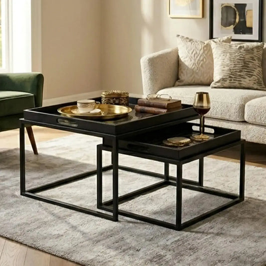 Set of 2 Removable Black and Gold Abstract Tray Tops Nesting Side Tables with Black Metal Frames | Celina