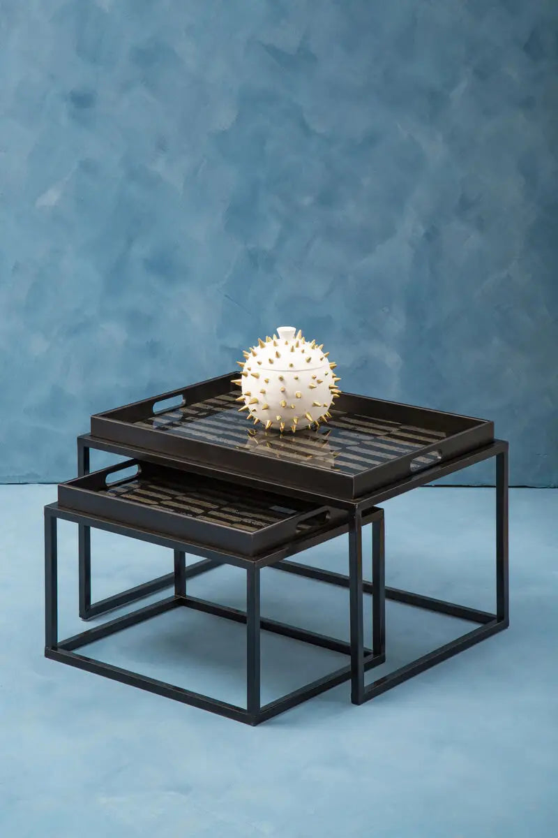 Set of 2 Removable Black and Gold Abstract Tray Tops Nesting Side Tables with Black Metal Frames, Celina