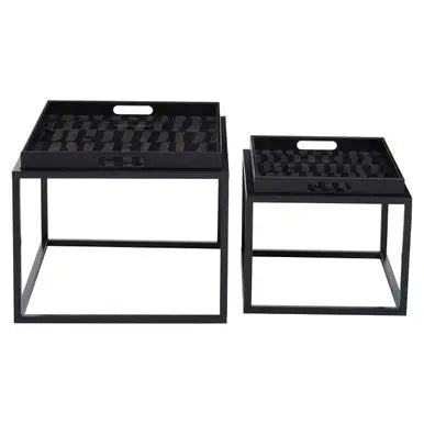 Set of 2 Removable Black and Gold Abstract Tray Tops Nesting Side Tables with Black Metal Frames, Celina