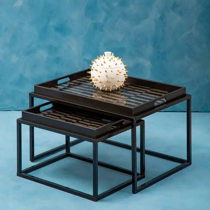Set of 2 Removable Black and Gold Abstract Tray Tops Nesting Side Tables with Black Metal Frames, Celina
