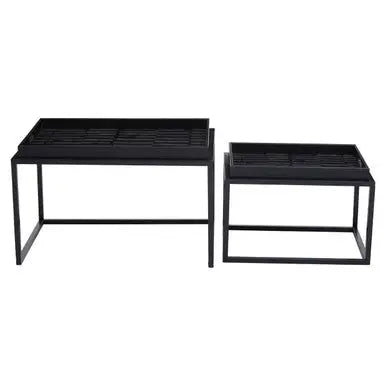 Set of 2 Removable Black and Gold Abstract Tray Tops Nesting Side Tables with Black Metal Frames, Celina