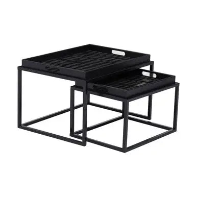 Set of 2 Removable Black and Gold Abstract Tray Tops Nesting Side Tables with Black Metal Frames, Celina