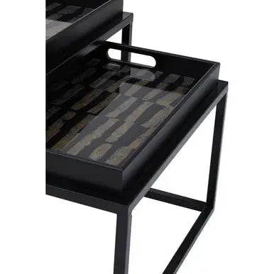 Set of 2 Removable Black and Gold Abstract Tray Tops Nesting Side Tables with Black Metal Frames, Celina