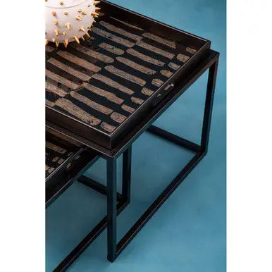 Set of 2 Removable Black and Gold Abstract Tray Tops Nesting Side Tables with Black Metal Frames, Celina