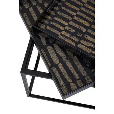 Set of 2 Removable Black and Gold Abstract Tray Tops Nesting Side Tables with Black Metal Frames, Celina