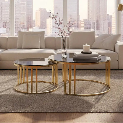 Set of 2 Tinted Glass Round Tops Nesting Coffee Tables with Brushed Gold Stainless Steel Frames, Alana