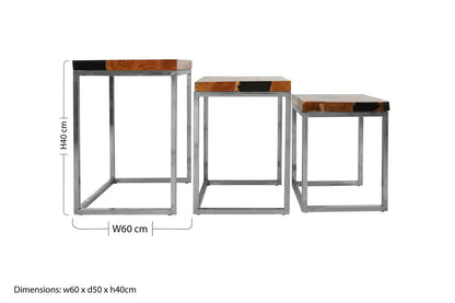 Set of 3 Black and Natural Teak Wood Nesting Tables with Silver Metal Frame, Surak