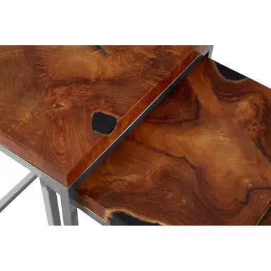 Set of 3 Black and Natural Teak Wood Nesting Tables with Silver Metal Frame, Surak
