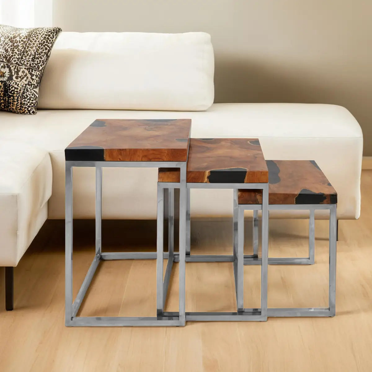 Set of 3 Black and Natural Teak Wood Nesting Tables with Silver Metal Frame, Surak