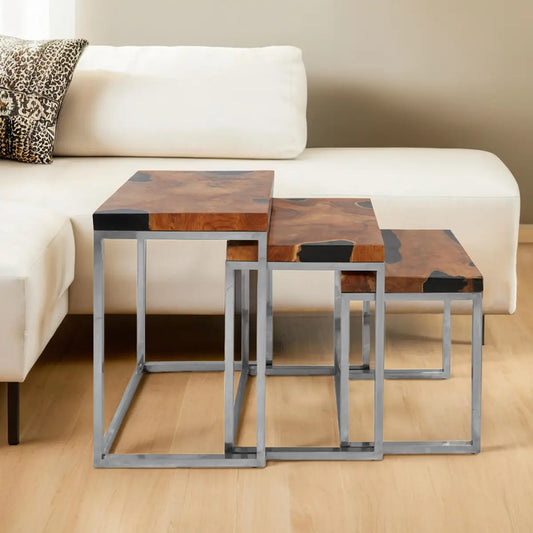 Set of 3 Black and Natural Teak Wood Nesting Tables with Silver Metal Frame, Surak