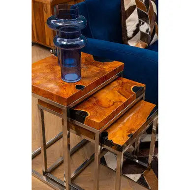 Set of 3 Black and Natural Teak Wood Nesting Tables with Silver Metal Frame, Surak