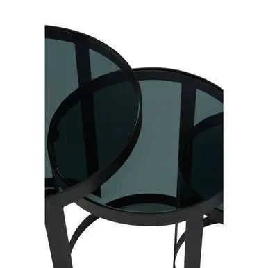 Set of 3 Black Glass Top and Metallic Base Nesting Tables, Corra