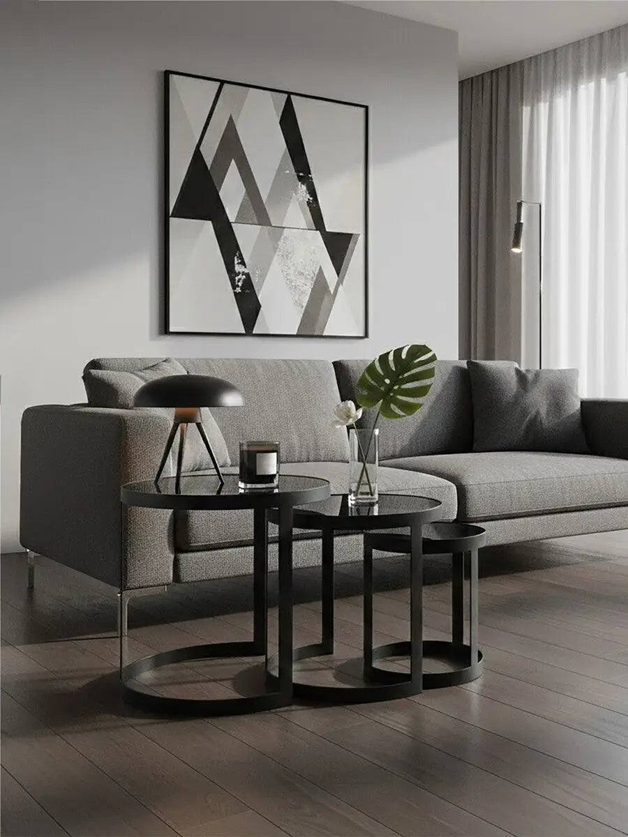 Set of 3 Black Glass Top and Metallic Base Nesting Tables, Corra
