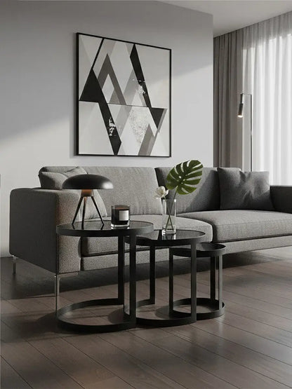 Set of 3 Black Glass Top and Metallic Base Nesting Tables, Corra