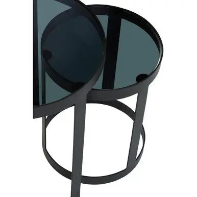 Set of 3 Black Glass Top and Metallic Base Nesting Tables, Corra