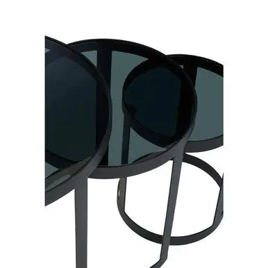Set of 3 Black Glass Top and Metallic Base Nesting Tables, Corra