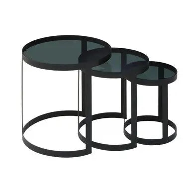 Set of 3 Black Glass Top and Metallic Base Nesting Tables, Corra