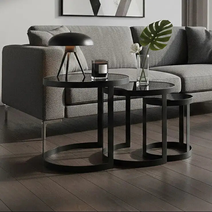 Set of 3 Black Glass Top and Metallic Base Nesting Tables, Corra