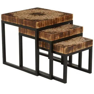 Set of 3 Rustic Teakwood Top Nesting Tables with Black Metallic Bases, Malang