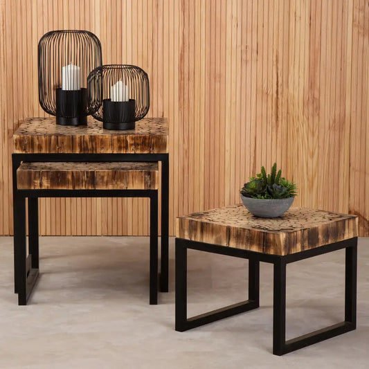 Set of 3 Rustic Teakwood Top Nesting Tables with Black Metallic Bases | Malang