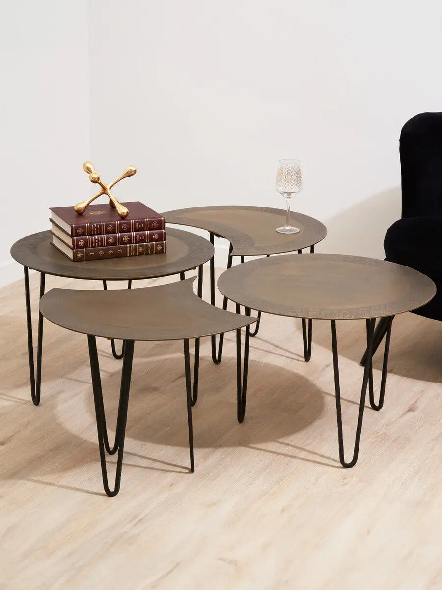 Set of 4 Black and Gold Top Coffee Tables with Iron Hairpin Legs, Rany